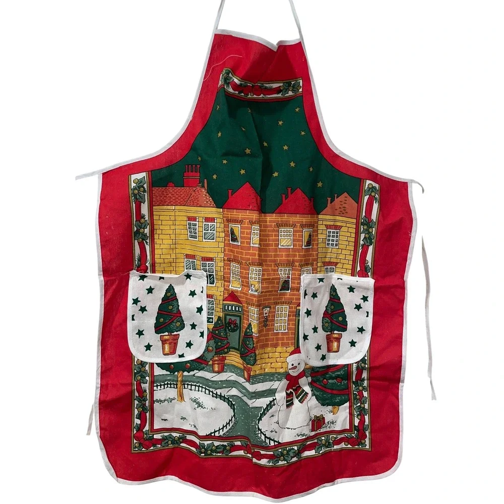 Christmas Kitchen Apron‎ Holiday Village Snowman Pockets Retro